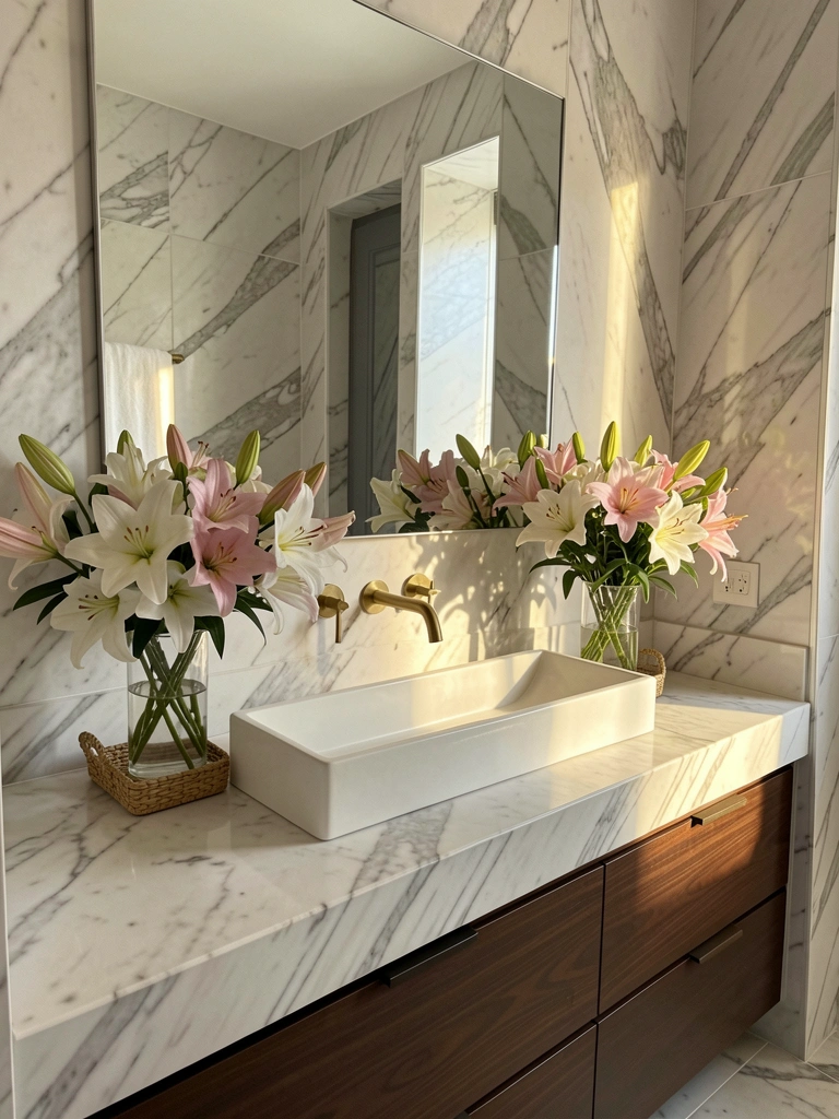 Mármore Carrara branco com pia esculpida, torneira dourada e buquê de lírios brancos e rosas em vasos sobre bandeja de vime, luz natural refletida no espelho.