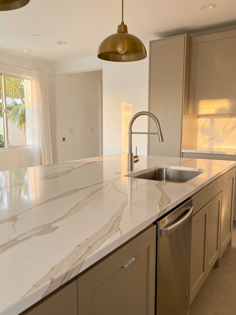 Bancada de mármore branco com veios greige, pia de aço inox e pendente de latão, luz solar difusa.