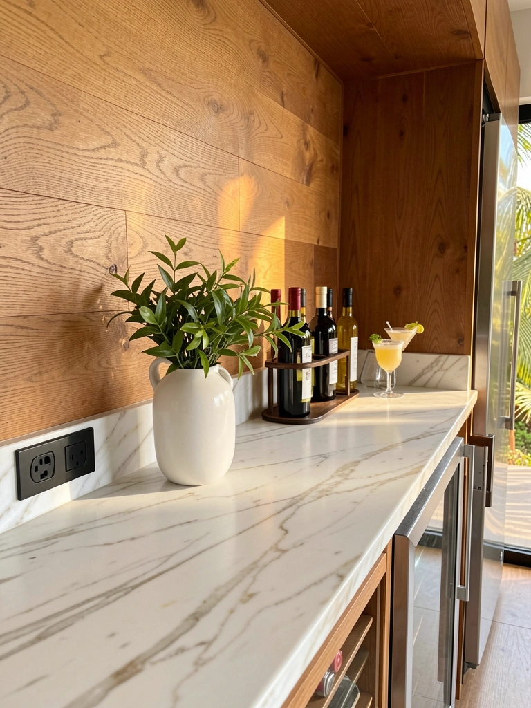 Mármore com veios sutis e parede de madeira com textura visível em bar com adega e vaso branco com planta verde, luz natural