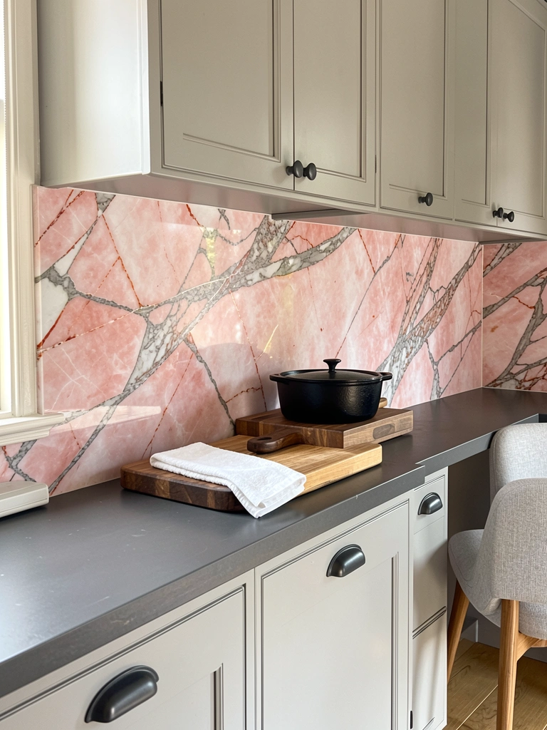 Bancada de granito escuro com tábua de madeira e panela de ferro, sob splashback de mármore rosa com veios cinza, armários cinza claro e cadeira estofada ao fundo.