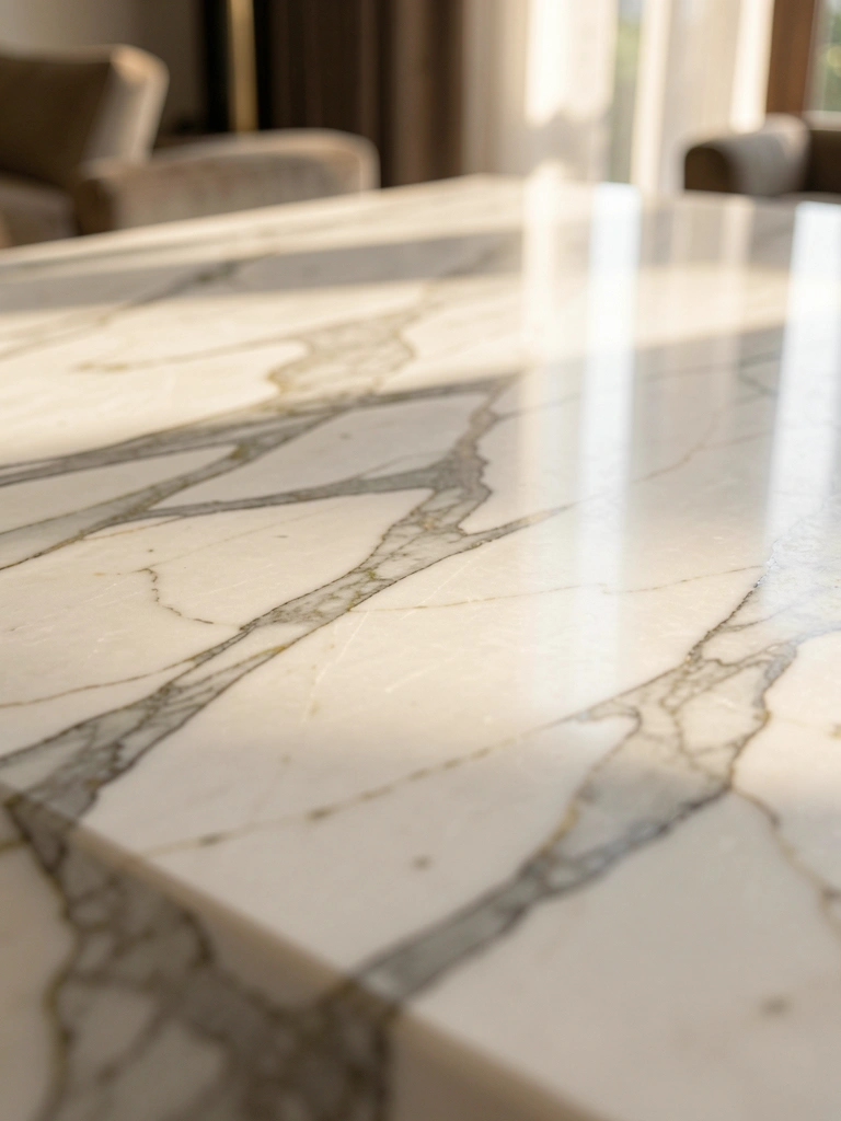 Mármore branco com veios cinzas e reflexo polido, luz natural suave e fundo levemente desfocado.