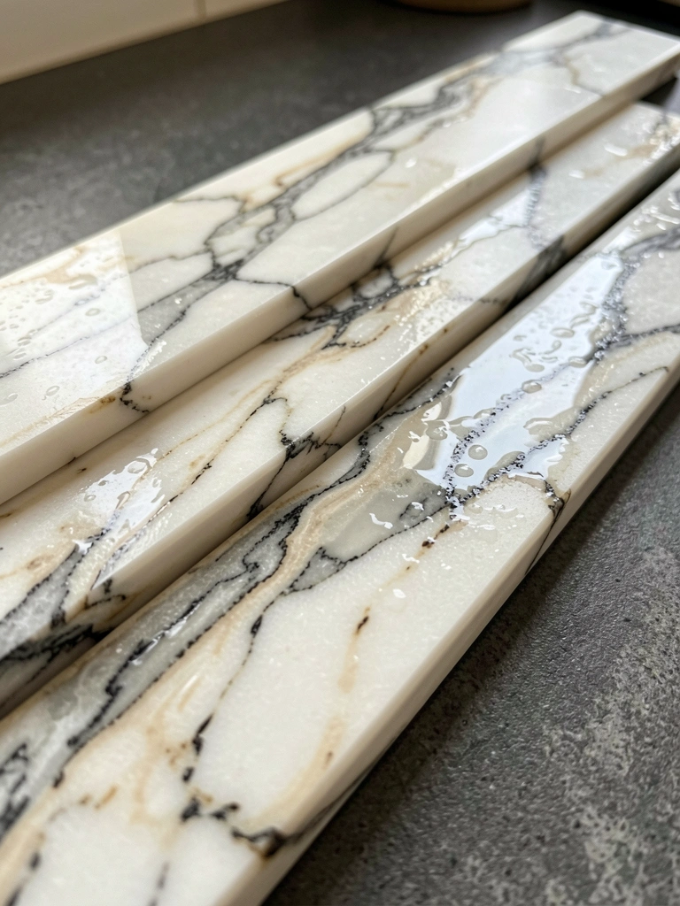 Quatro placas de mármore branco com veios cinza, bege e preto, superfície molhada e manchas escuras, bancada cinza escura ao fundo, luz natural suave.