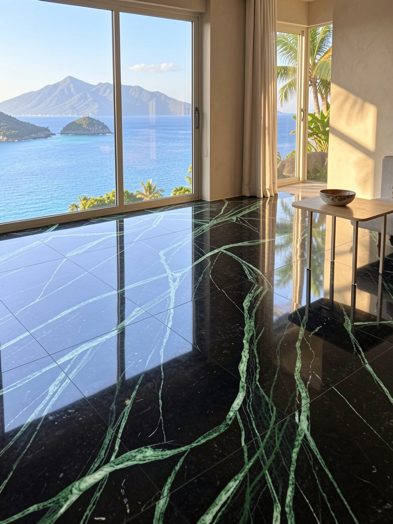 Piso de mármore preto polido com veios verdes reflete paisagem costeira com montanhas e oceano; mesa lateral minimalista com bowl decorativo, luz natural de janela ao fundo.