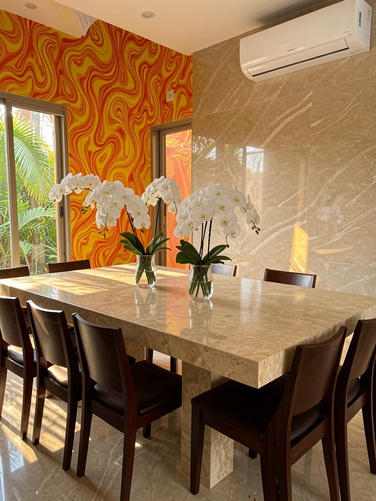 Mesa de mármore crema marfil com cadeiras de madeira escura e orquídeas brancas em vasos de vidro, parede com mural abstrato laranja e amarelo, luz natural refletida no piso de mármore.