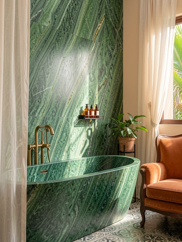 Mármore verde com veios marcantes em banheiro, banheira curva e poltrona laranja ao fundo, luz natural filtrada.