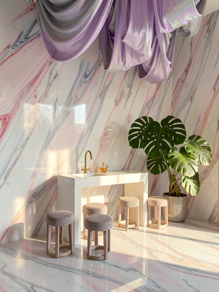 Console branco polido com torneira dourada e frasco de perfume sobre mármore iridescente com veios rosa, azul e cinza, folha de monstera exuberante e luz natural difusa.