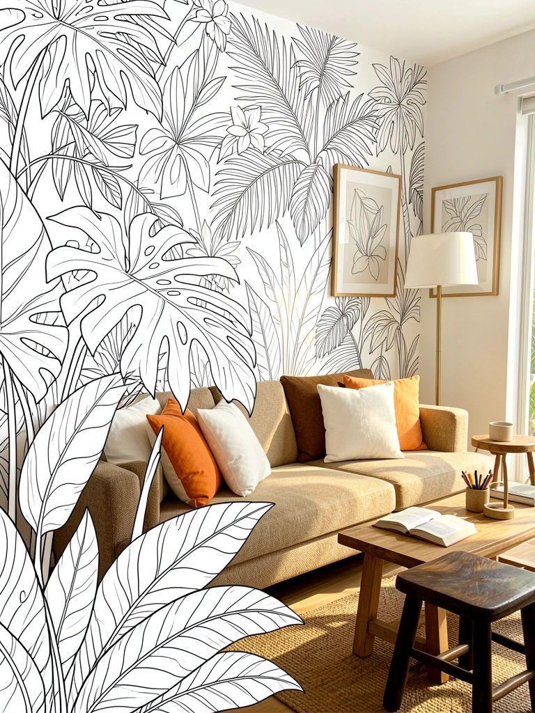 Folhagem de planta tropical em primeiro plano, sofá texturizado bege e laranja, abajur e livro sobre mesa de madeira, luz natural.