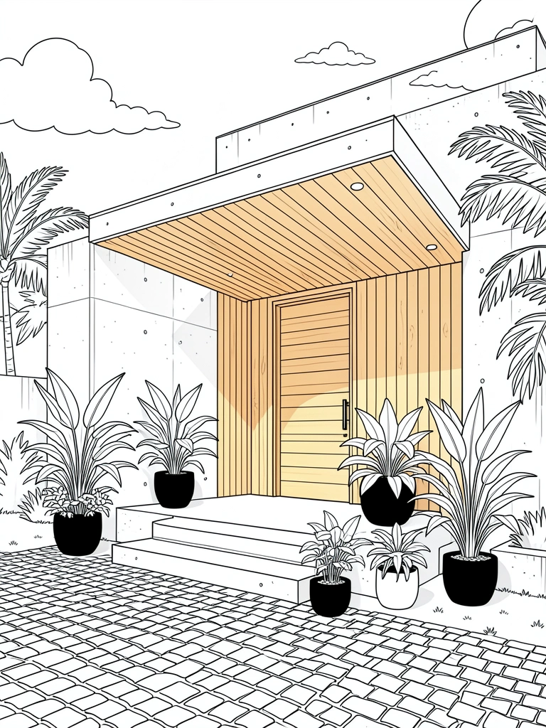 Casa de concreto claro com porta de madeira e marquise extensa, vasos de plantas pretos nos degraus de pedra, entrada com vegetação e calçamento de paralelepípedos.