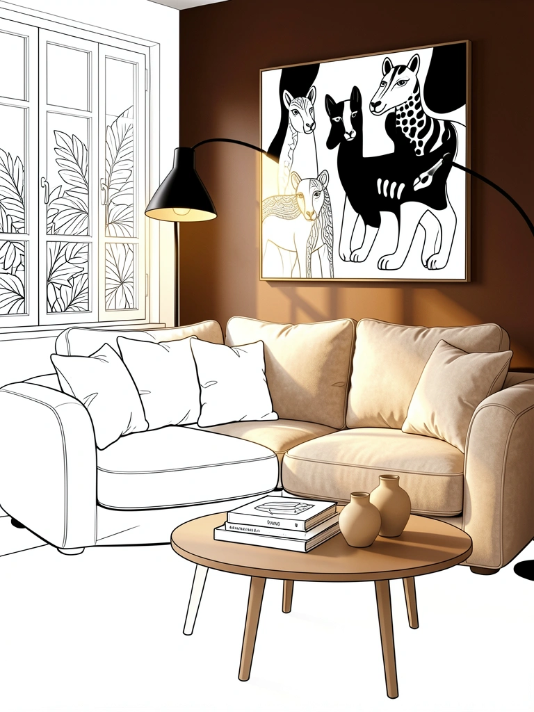 Sofá bege claro com almofadas arredondadas, parede marrom escura com pintura abstrata de animais, luminária preta e mesa redonda com livros e vasos.