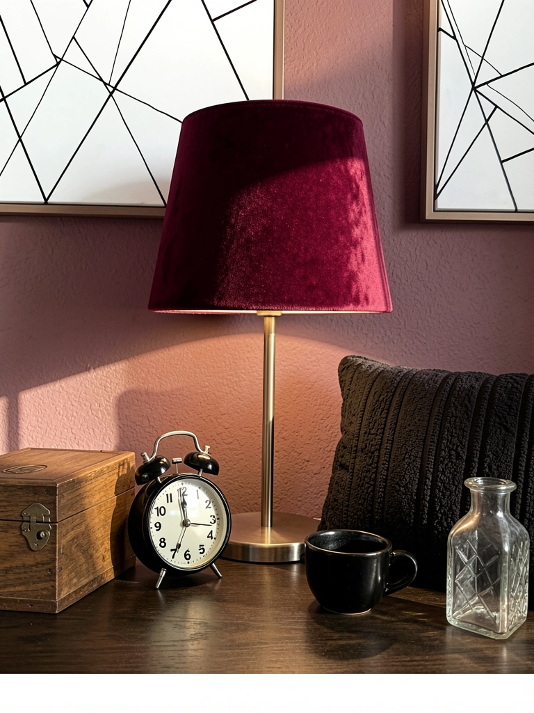 Abajur de veludo vinho sobre mesa de madeira escura com despertador analógico, caixa de madeira e copo cerâmico preto, luz natural e parede lilás com quadro geométrico.