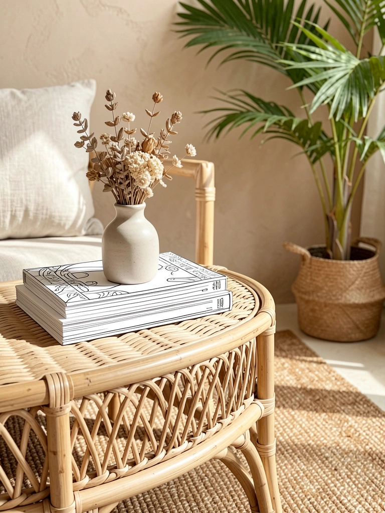 Mesa de centro de rattan com almofada de linho, vaso de cerâmica com flores secas, livros empilhados, luz natural.