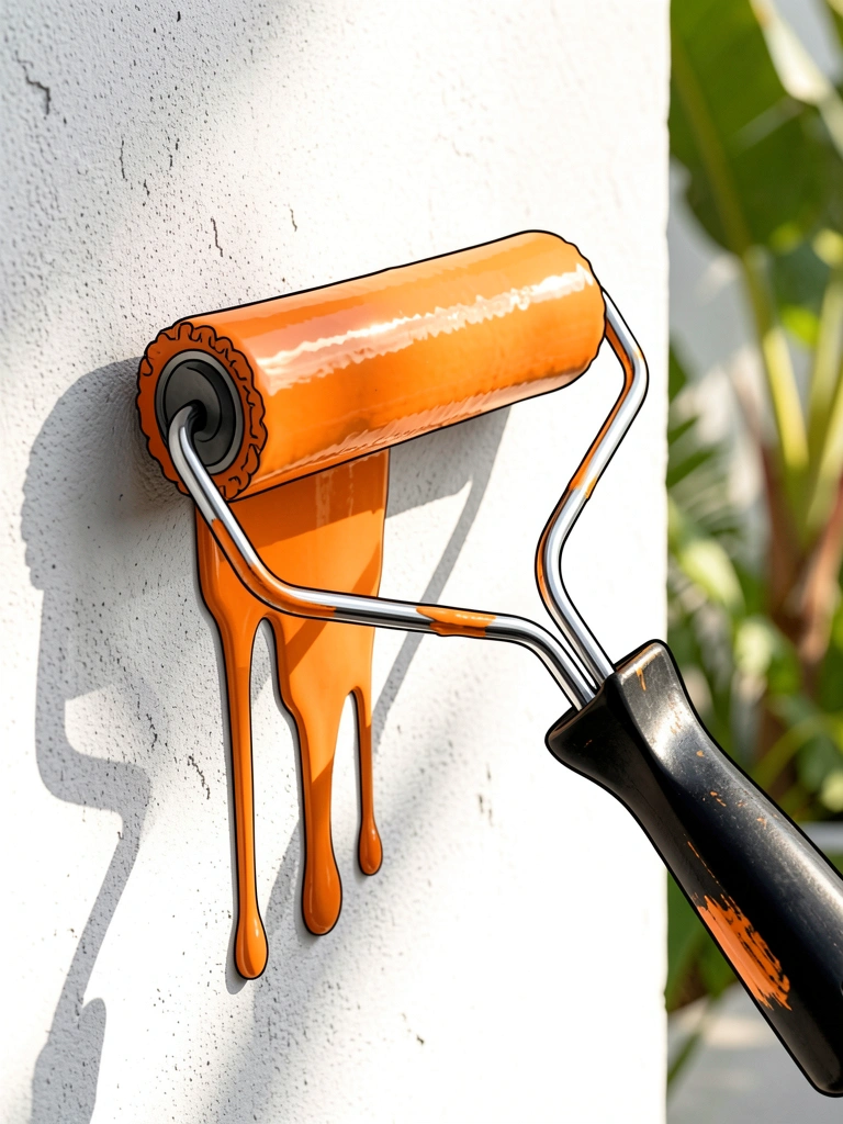 Rolo de pintura preto com tinta laranja escorrendo sobre parede texturizada cinza-claro, luz solar difusa ao fundo com folhagem tropical desfocada.