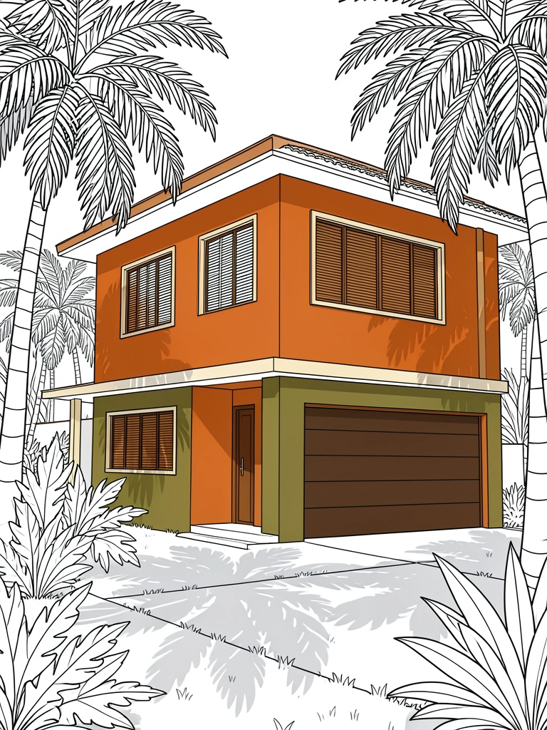 Casa moderna de dois andares com fachada laranja terracota, detalhes em tom claro, base verde-oliva, janelas com ripas de madeira, porta de garagem marrom-escura e palmeiras no jardim.