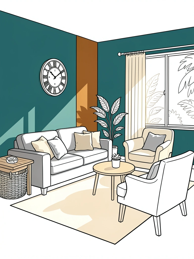 Sofá cinza e poltrona bege com painel de madeira marrom e parede verde-azulado, luz natural e vaso de planta.