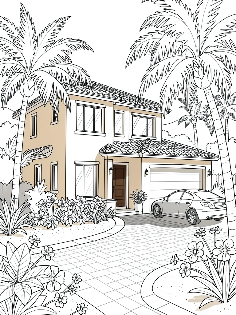 Casa moderna de dois andares com paredes de estuque bege e telhado de telhas, janelas grandes e porta marrom-escura; carro prateado estacionado na garagem, palmeiras e plantas floridas ao redor, calçada de tijolos cinza-claro; luz natural quente com sombras longas, colinas ao fundo.