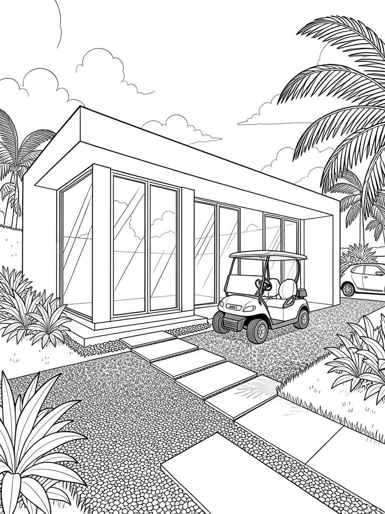 Casa branca minimalista com grandes janelas de vidro refletindo o céu, carrinho de golfe elegante na entrada e gramado verde bem cuidado.