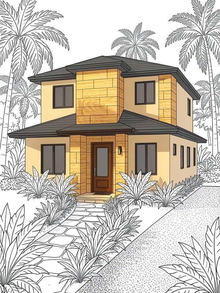 Casa moderna de dois andares com fachada bege, revestimento de pedra travertino e telhado cinza escuro, porta de madeira com vidro e caminho de pedras ladeado por plantas tropicais, luz natural dourada.