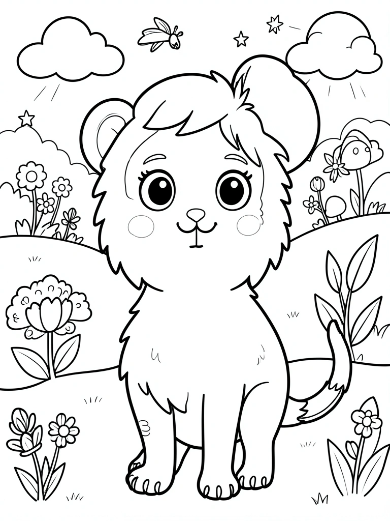 Desenho em preto e branco de uma casa com jardim, sol e nuvens, estilo livro de colorir infantil, contornos nítidos, fundo branco puro.