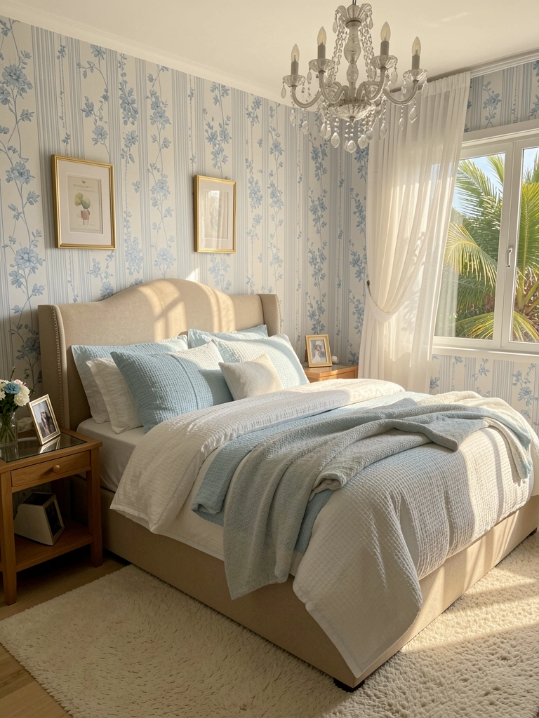 Cama estofada bege com roupa de cama em camadas de branco e azul claro, papel de parede floral azul, cortina branca e cristaleira ao fundo, luz natural do dia.