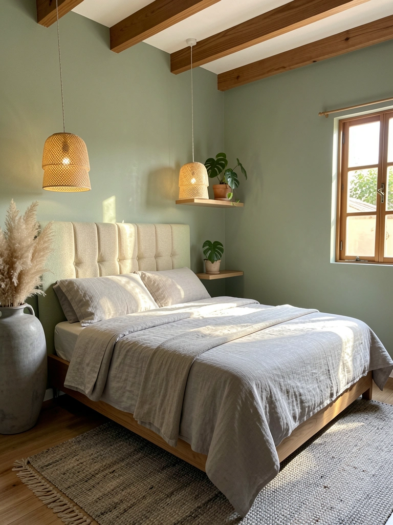 Luminárias de vime pendentes sobre cama com cabeceira verde-clara estofada, edredom cinza e pampas secos ao lado
