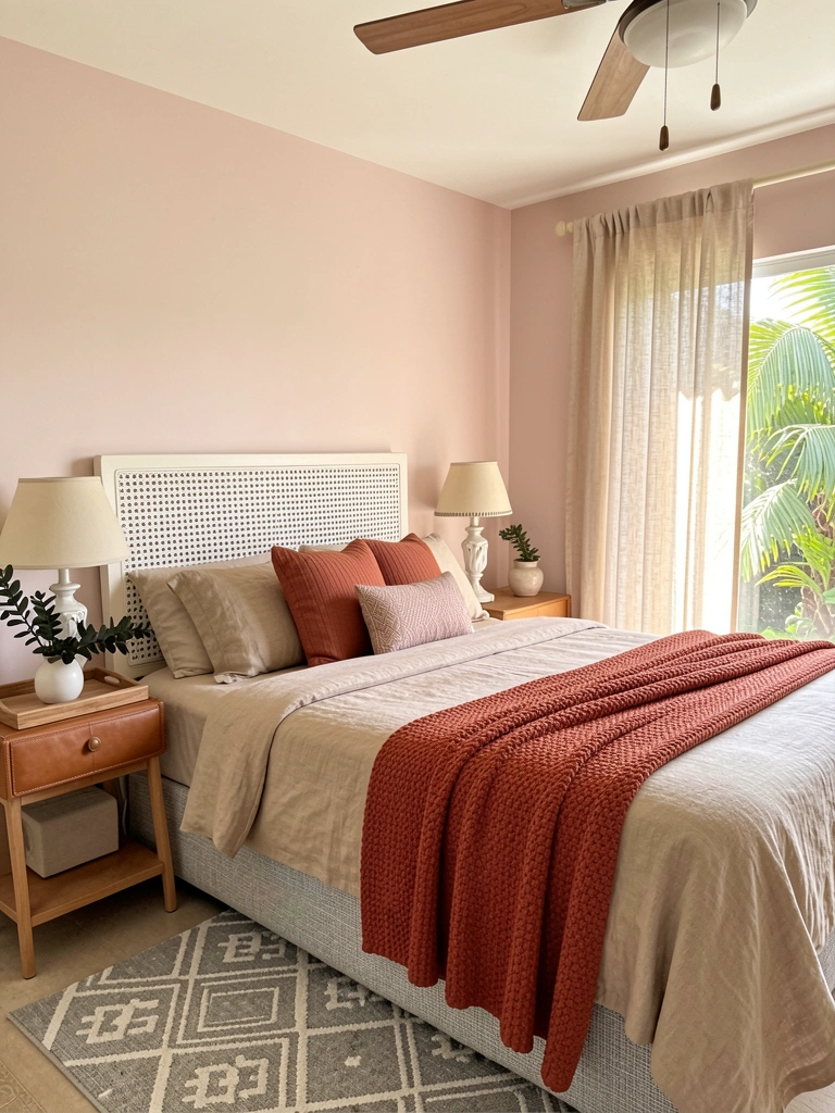 Cama com colcha de linho bege sobre trama cinza, cabeceira de vime, manta terracota e mesinha de couro com vaso e folhagem verde.