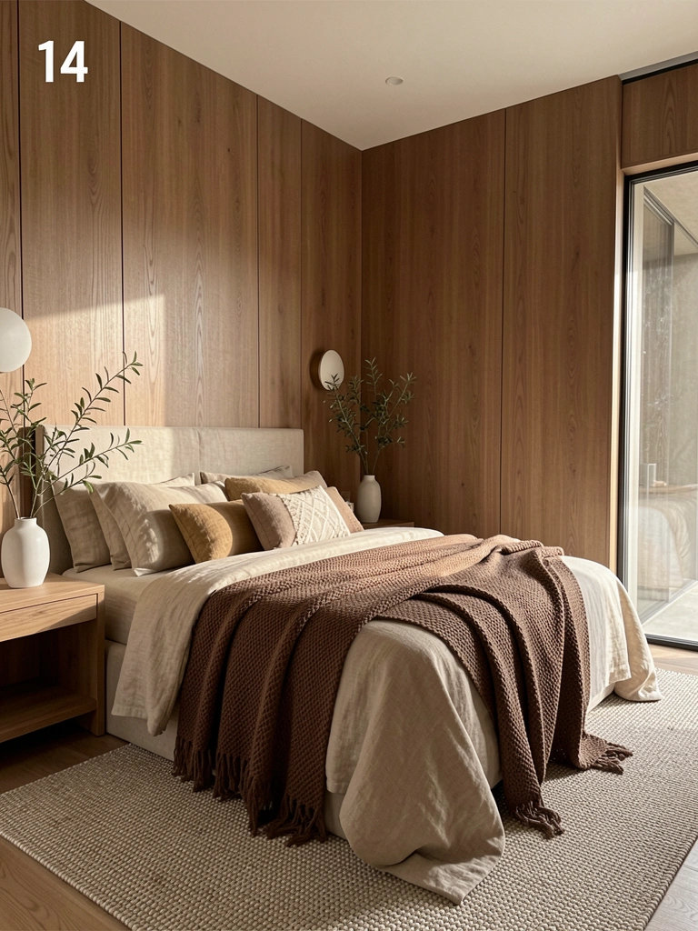 Cama de linho bege com edredom texturizado marrom e almofadas decorativas, painel de madeira, janela ampla, planta em vaso branco sobre criado-mudo, tapete neutro e luz natural difusa.