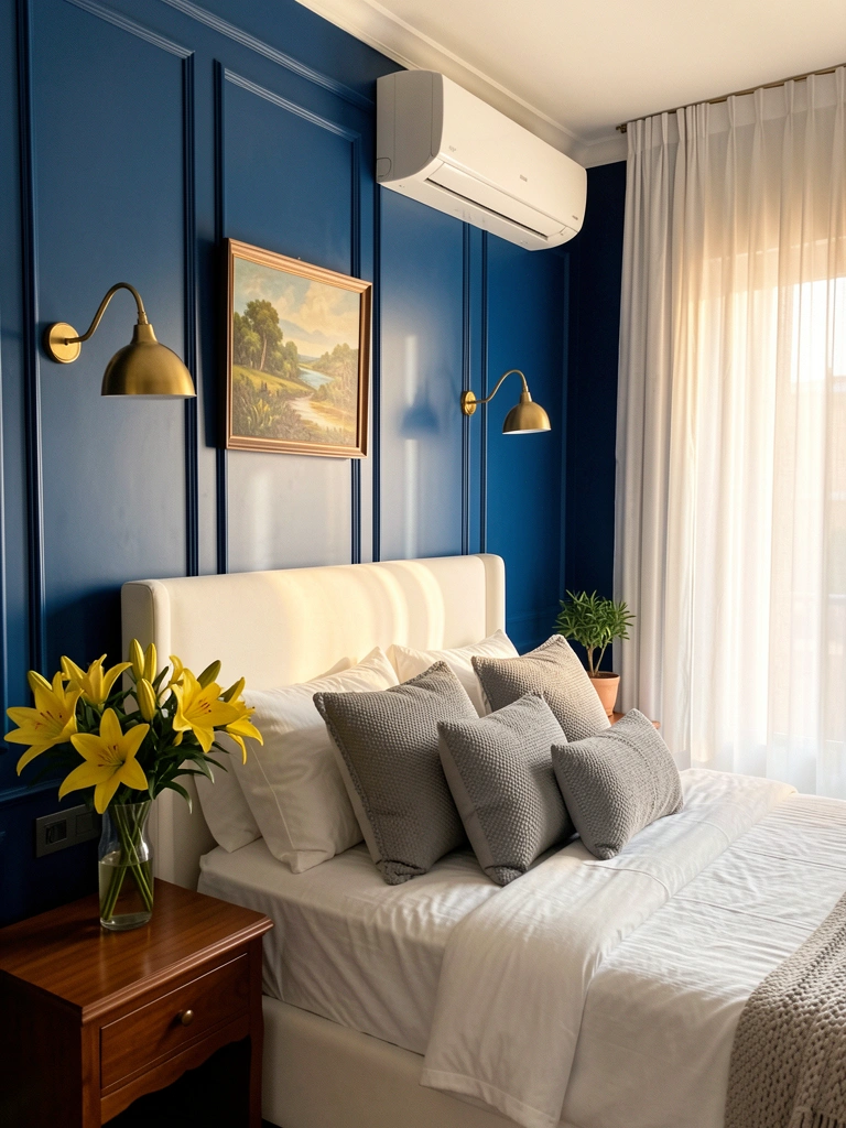 Parede azul marinho com painéis, cama estofada branca e travesseiros texturizados, lírios amarelos no criado-mudo, luz natural filtrada por cortinas brancas.