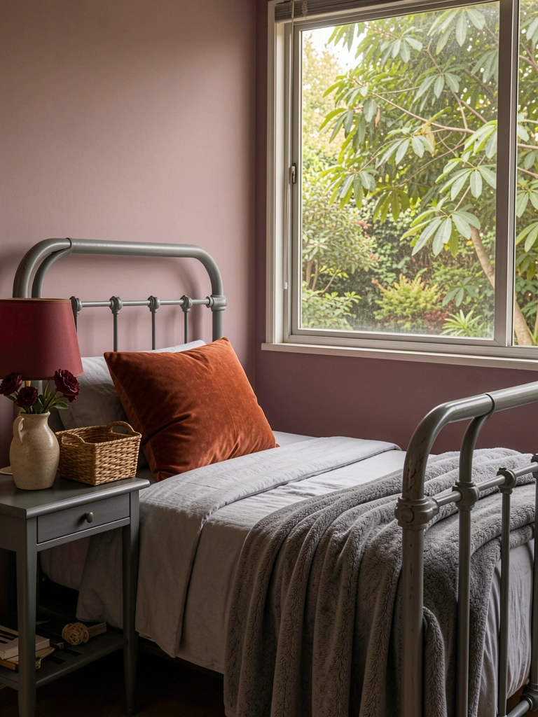 Cama de ferro cinza com manta felpuda e almofada terracota, abajur de cúpula vermelha ao lado, parede rosa empoeirado e janela com jardim verde ao fundo.