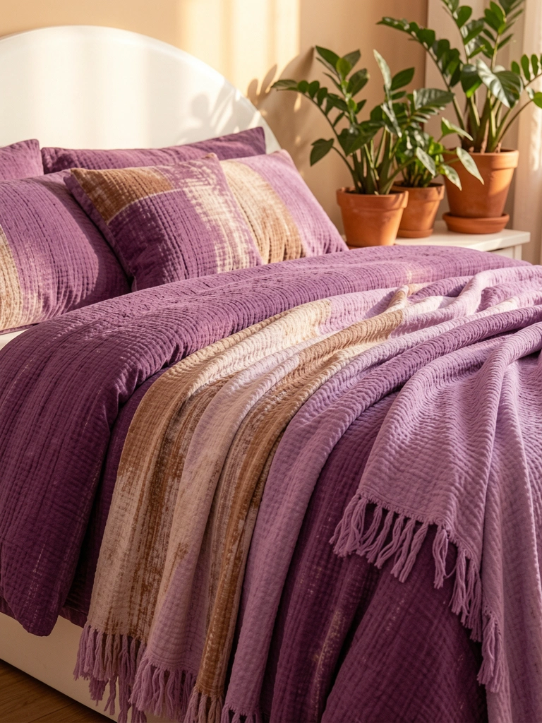 Edredom roxo texturizado sobre cama branca, manta franjada e vasos de terracota no criado-mudo sob luz natural.