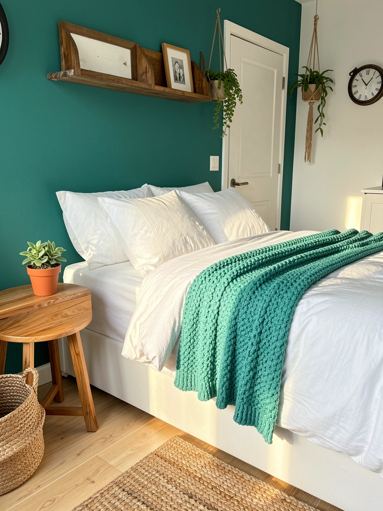 Parede verde-azulado, cama branca com manta texturizada, mesa de cabeceira de madeira com cesto e vaso, luz natural.