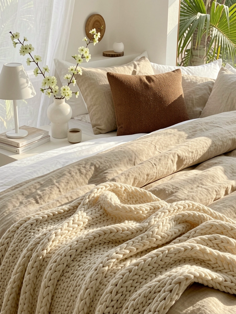 Cama branca com edredom bege, manta tricotada e almofada marrom; vaso de porcelana com flores de cerejeira e abajur minimalista no criado-mudo; luz natural quente.