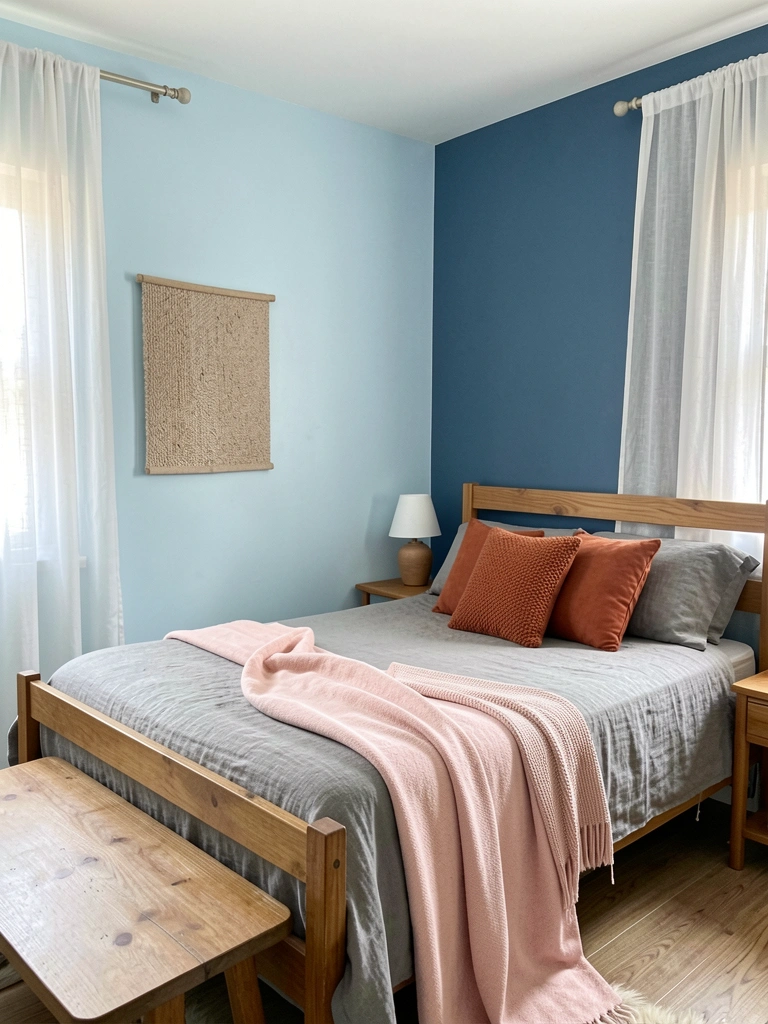 Cama de madeira com colcha de linho cinza, almofada de terracota texturizada e manta rosa clara sobre colcha, parede azul claro contrastando com azul escuro, mesa de cabeceira com abajur e cortinas brancas translúcidas, luz natural suave.