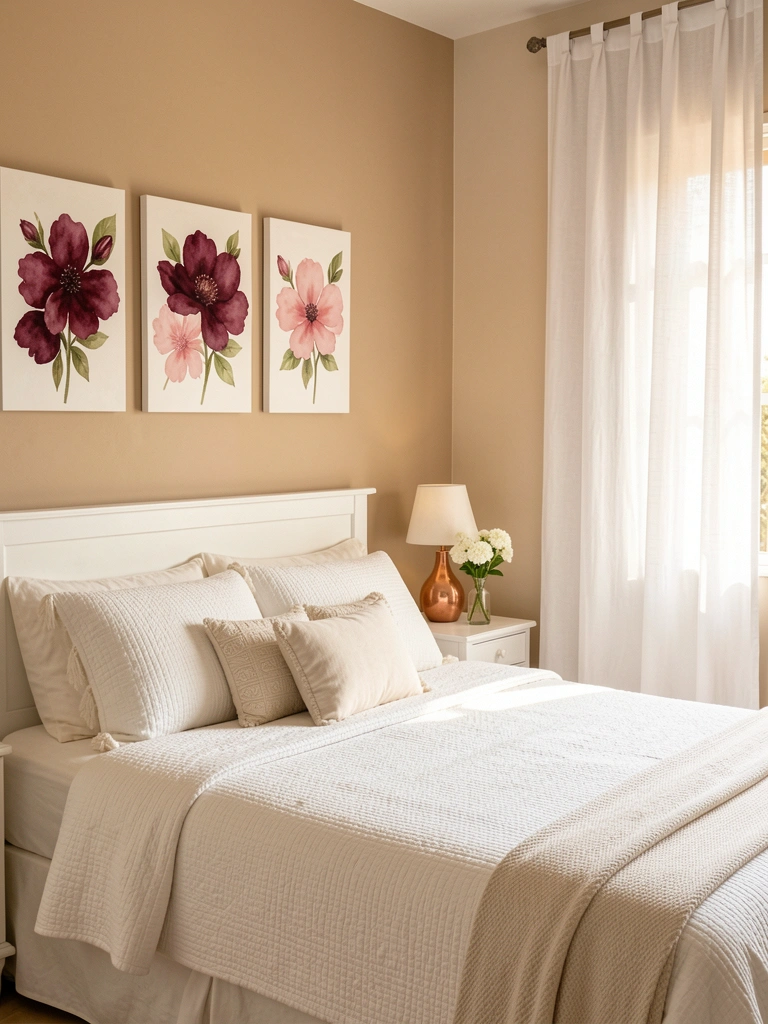 Cama branca com colcha acolchoada e almofadas, três pinturas florais em tons de vinho e rosa na parede bege, abajur de cobre e vaso com flores brancas no criado-mudo, luz suave e cortina clara ao fundo.