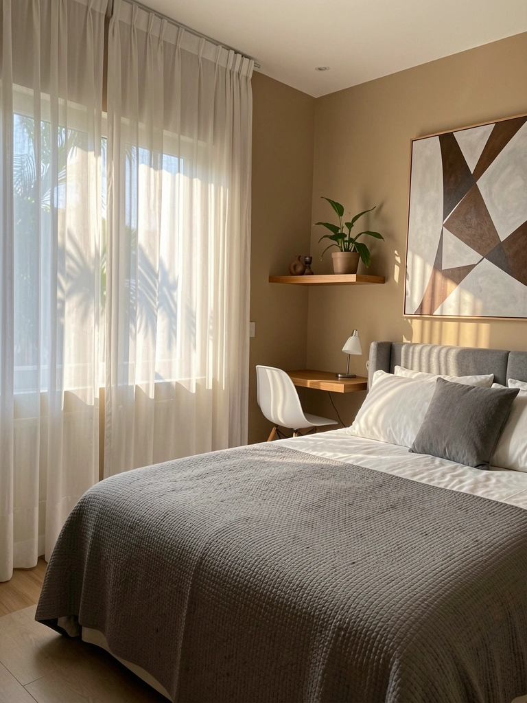 Cama ampla com colcha cinza texturizada, mesa de cabeceira de madeira com abajur e parede bege clara, luz difusa por cortinas brancas.