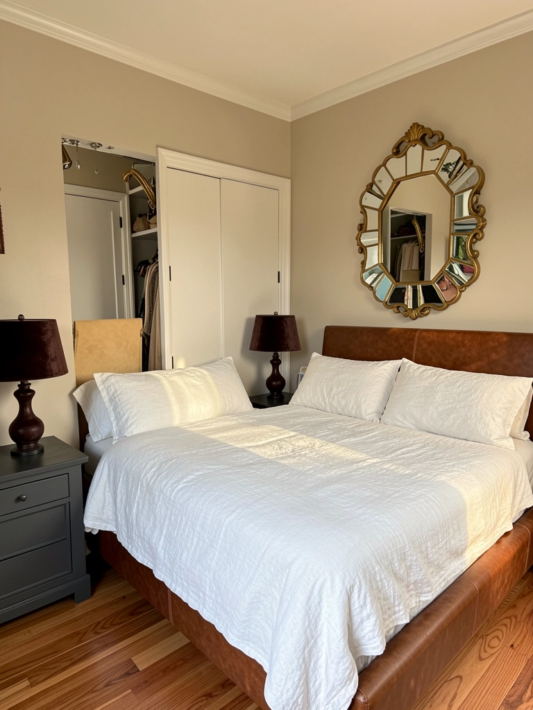 Cama king-size com colcha branca e cabeceira de couro marrom, espelho dourado ornamentado na parede bege, abajures de veludo escuro sobre criado-mudo cinza.