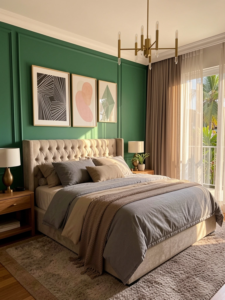 Cabeceira estofada com capitonê, roupa de cama em camadas de cinza e bege, e painéis verdes-esmeralda com três quadros abstratos pendurados.