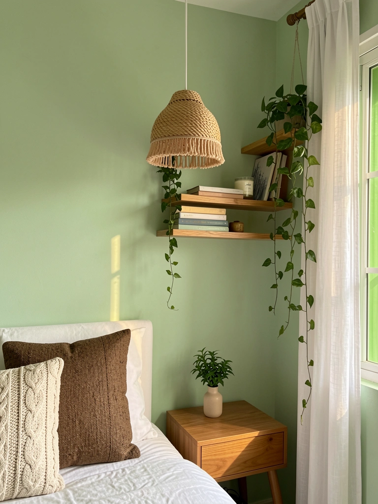 Parede verde clara, cabeceira branca com almofada de tricô, pendente de franjas, estante com livros e heras pendentes, luz natural suave.