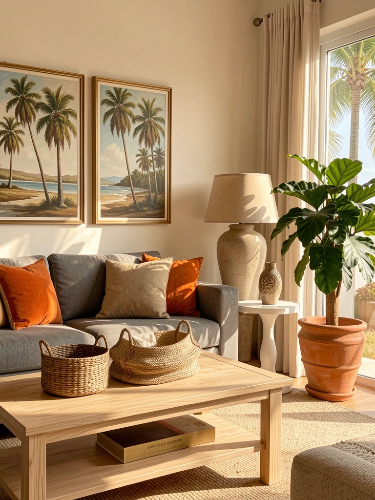 Sofá cinza com almofadas laranja e bege, mesa de centro de madeira clara, vaso de cerâmica e plantas, luz natural.