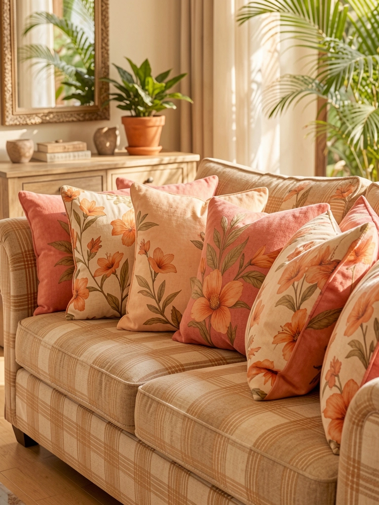 Sofá bege xadrez com almofadas coral e peach, estampa floral de laranja, mesa de console de madeira, espelho e vaso de terracota com planta, luz natural quente.