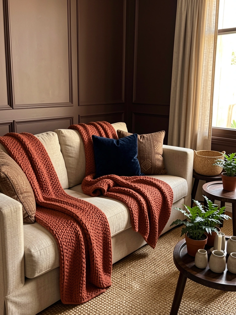 Sofá bege texturizado com manta tricot terracota e almofada azul-marinho, cesto rattan e plantas sobre bandeja de madeira escura, parede painelada marrom e luz natural filtrada por cortina de linho.