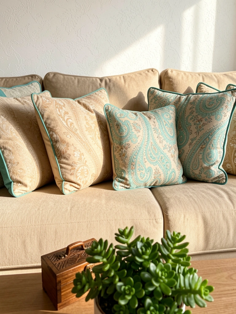 Almofadas com estampas paisley e florais em turquesa e bege sobre sofá grande, mesa de centro com suculentas verdes e caixa de madeira, luz natural.