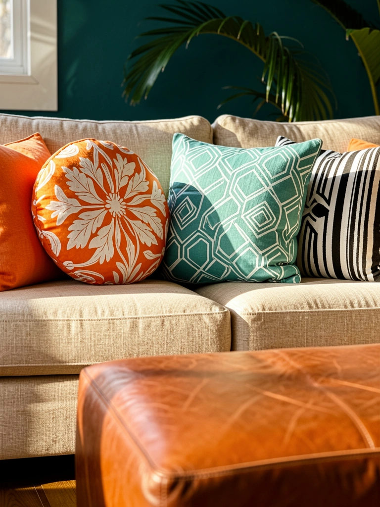 Sofá de linho bege com almofadas laranja floral, teal geométrica e listrada preta e branca, pufe de couro e parede teal escura, luz natural.