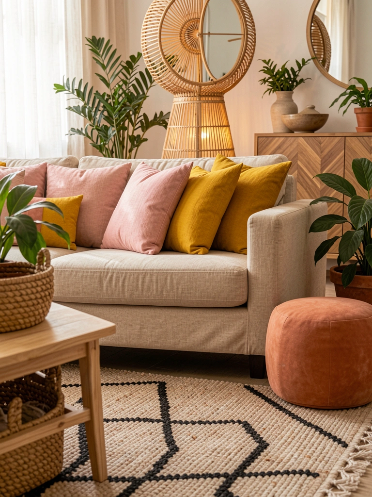 Sofá de linho bege com almofadas rosa e amarelo, tapete marroquim preto, mesa lateral de madeira clara e cesto de palha.