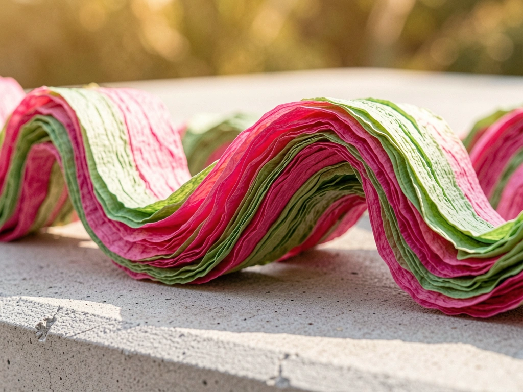 Guirlanda ondulada de papel crepom rosa e verde sobre superfície de concreto cinza claro, com dobras e textura visíveis, luz natural suave e fundo desfocado.
