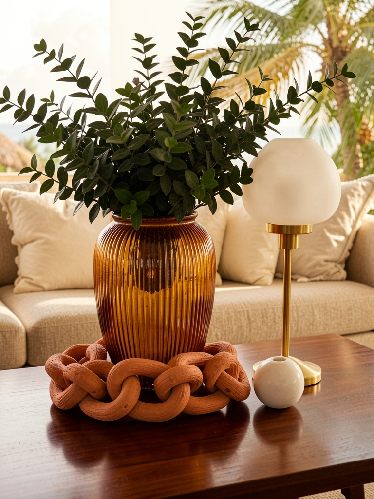 Vaso canelado âmbar com folhagem verde-escura, escultura de corda terracota e abajur dourado sobre mesa de madeira escura, sofá bege ao fundo.