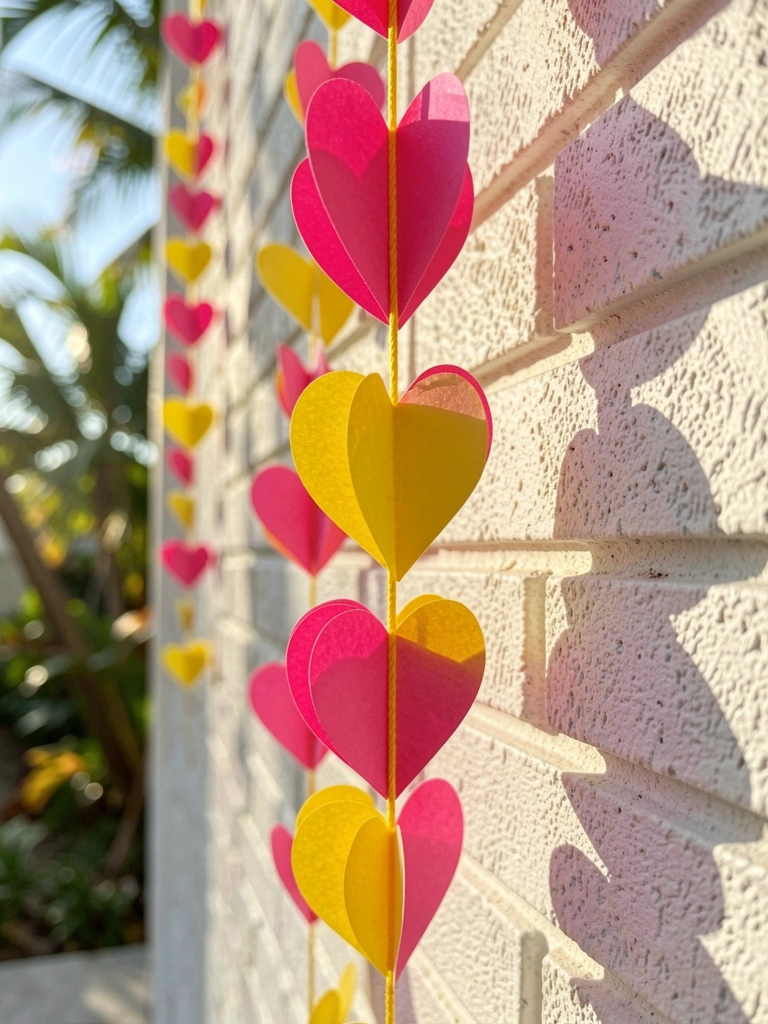 Corações de papel rosa e amarelo pendurados em corda amarela contra parede de tijolos brancos, luz natural do dia.