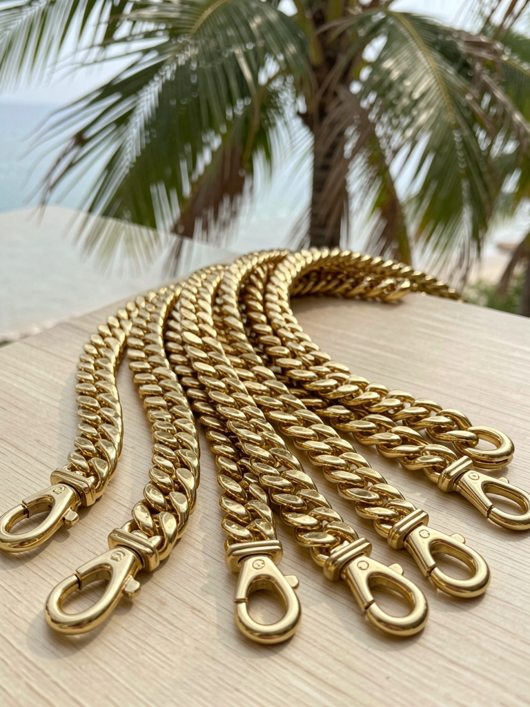 Cordões de corrente dourada com elos entrelaçados e argolas D nas pontas sobre superfície de madeira clara, luz natural difusa.