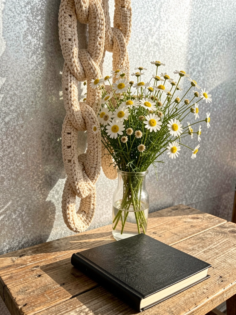 Mesa rústica de madeira com corrente de crochê bege pendurada, vaso de vidro com flores brancas e amarelas, livro preto texturizado na frente, parede metálica prateada, luz natural.