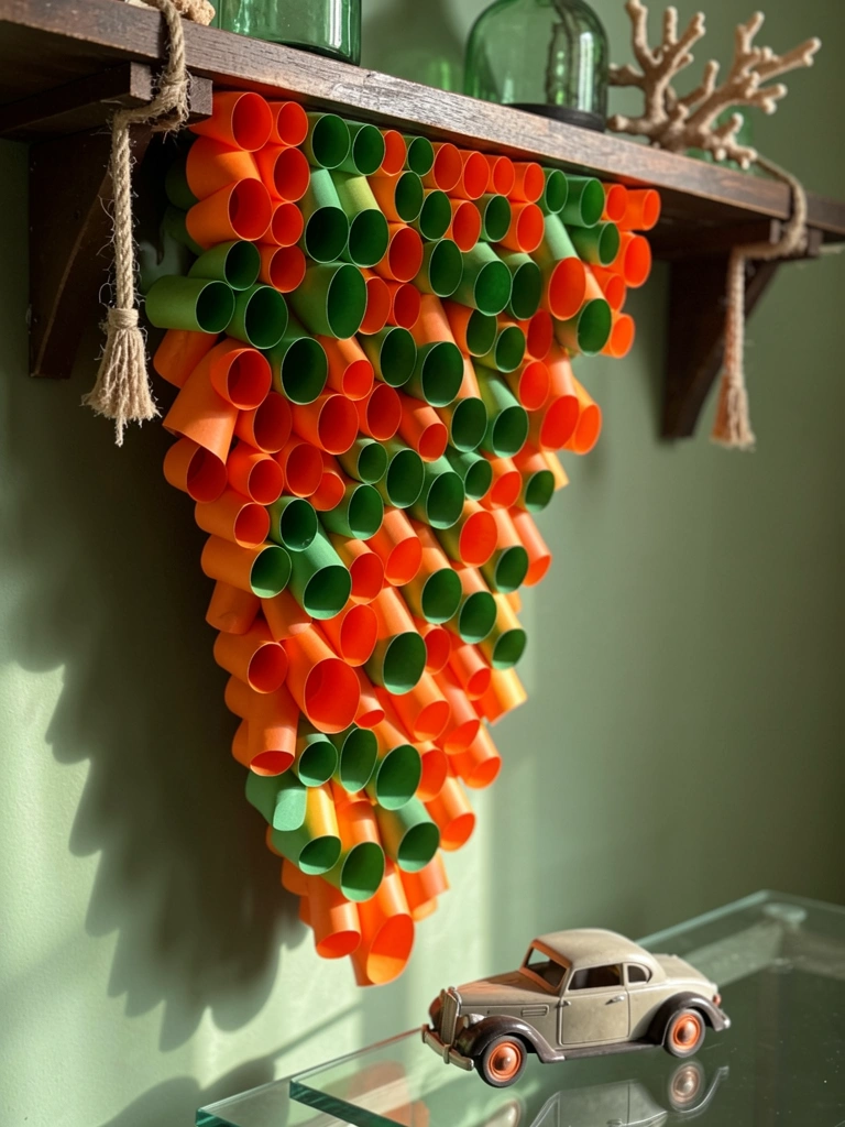 Cortina artesanal de tubos de papel laranja e verde pendurada em prateleira de madeira rústica, com carrinho antigo em primeiro plano e garrafa verde ao fundo.