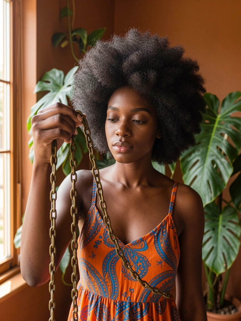Mulher negra com cabelo afro volumoso segurando corrente de latão envelhecida na frente do rosto, vestindo vestido estampado laranja e azul, plantas verdes e parede terrosa ao fundo com luz natural difusa.